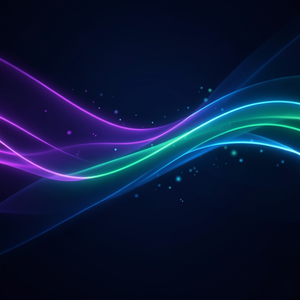 Abstract flowing light trails in purple, green, and blue suggesting network speed
